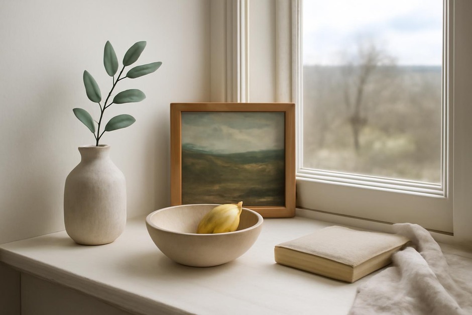 Still life arranged on a windowsill with soft natural light