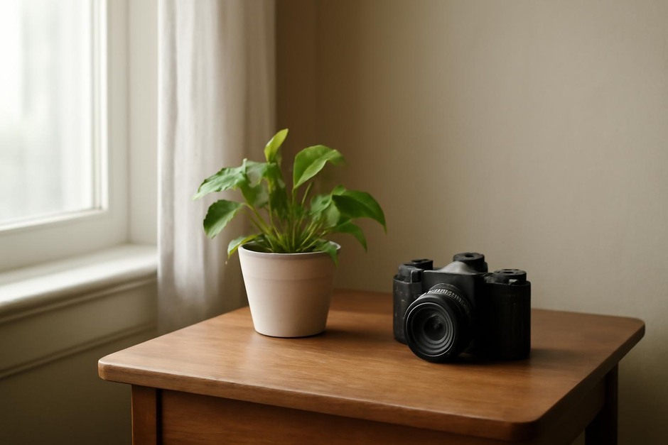 Soft morning window light on a small table with a plant and a camera