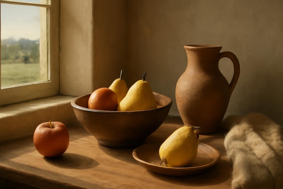 A modest arrangement of fruit and pottery by a sunlit window, styled like a painting