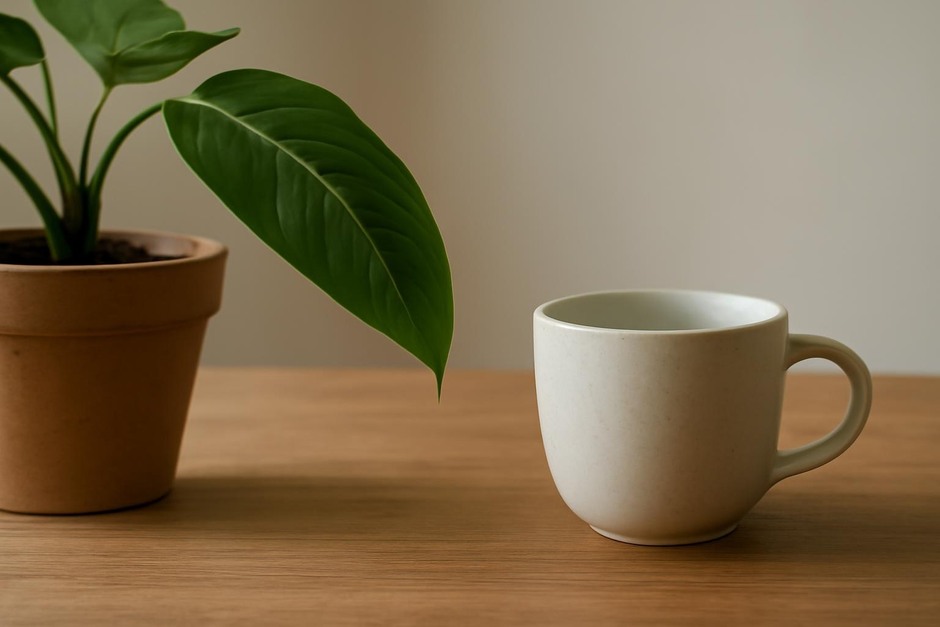 Close-up of a potted plant leaf and ceramic cup on a wooden table in soft natural light